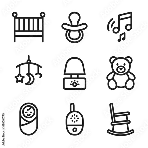 Baby Sleep Essentials. Outline icon set of baby sleep: crib, pacifier, lullaby music, mobile, nightlight, teddy bear, swaddle