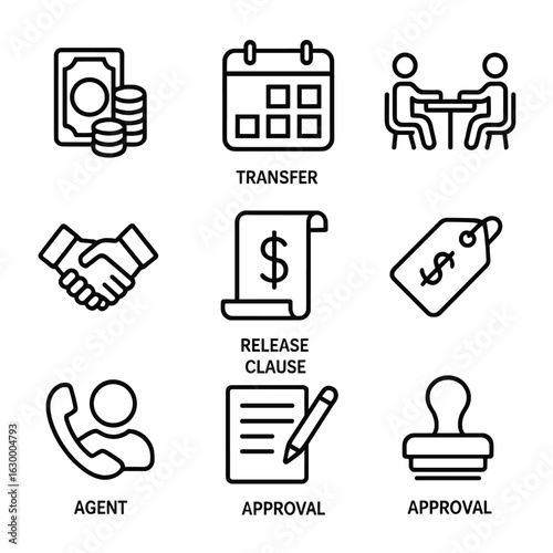 Player Transfer Icons. Outline icon set of player transfer negotiations: transfer fee stack, transfer window calendar, negotiation