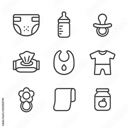 Baby Bag Icon Set. Outline icon set of baby bag contents: diapers, baby bottle, pacifier, wipes, bib, change of clothes, teething