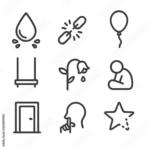 Grief Icon Set. Outline icon set of emotional grief: teardrop splash, broken chain, lost balloon, fading star, empty swing, wilted