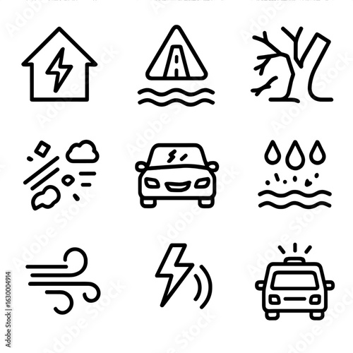 Stormfront Icon Set. Outline icon set of stormfront effects: power outage, flooded road, broken tree branch, flying debris,