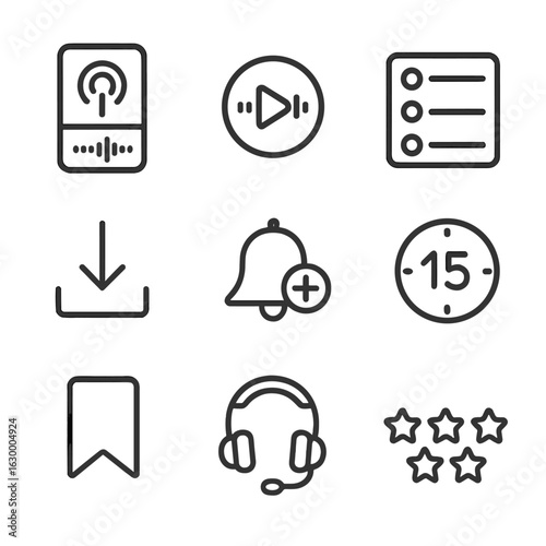 Podcast Icon Set. Outline icon set of podcast consumption: podcast app interface, play button with waveform, episode list,