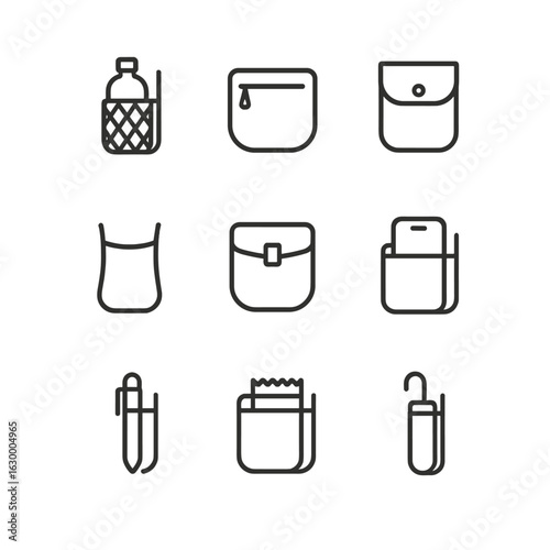 Bag Side Pocket Icons. Outline icon set of bag side pockets: mesh bottle holder, zip side pouch, flap pocket, stretch fabric slot,