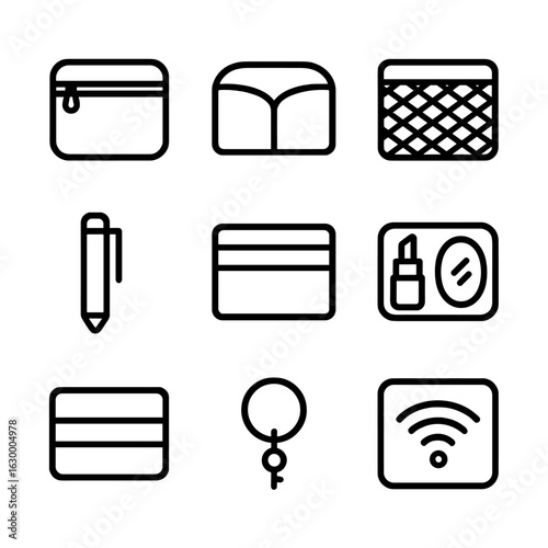 Bag Organizer Icons. Outline icon set of bag organizers: zip pouch, inner divider, mesh pocket, pen slot, card holder, makeup