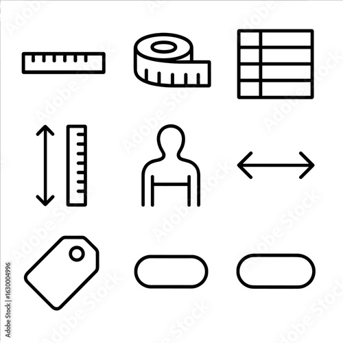 Clothing Size Icon Set. Outline icon set of clothing sizes and measurements: ruler, tape measure, size chart,