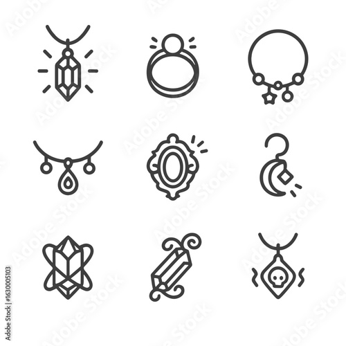 Enchanted Jewelry Icons. Outline icon set of enchanted jewelry: glowing pendant, floating ring, charm bracelet, spellbound