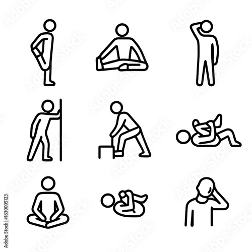 Stretching Pose Icon Set. Outline icon set of static stretching poses: standing quad stretch, seated hamstring stretch, triceps