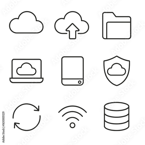 Cloud Backup Icons Set. Outline icon set of data cloud backup: cloud storage, upload icon, folder, laptop,