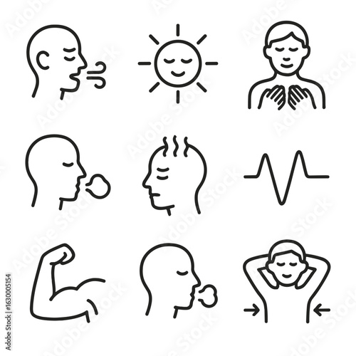 Stress Relief Icons. Outline icon set of stress relief breathing: exhale tension icon, calming symbol, hands over chest, air