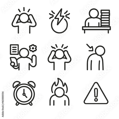 Stress Symbol Icons. Outline icon set of overload in health and stress: overwhelmed person, stress icon, heavy workload, multiple