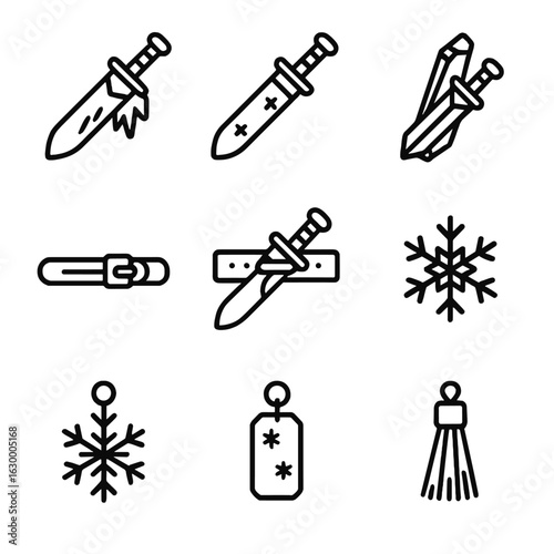 Enchanted Ice Blade Icons. Outline icon set of enchanted ice blade accessories: frost sheath, icy scabbard, crystal blade case,