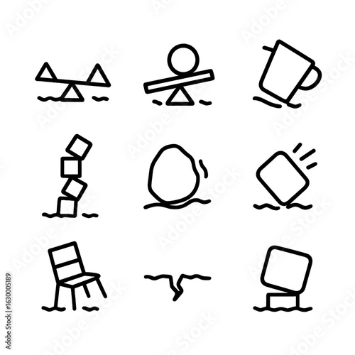 Balance Instability Icons. Outline icon set of instability in balance: teetering seesaw, off-center weight, tipping cup, unstable