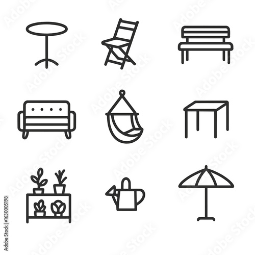 Balcony Furniture Icons. Outline icon set of balcony furniture: round table, folding chair, stool, bench seat, cushioned sofa,