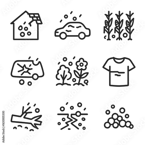 Hail Damage Icons. Outline icon set of hail damage: broken roof, dented car, damaged crops, cracked windshield, smashed garden,