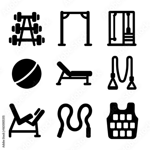 Gym Equipment Icons. Solid, filled icon set of gym equipment for strength training: dumbbell rack, pull-up bar, cable machine,