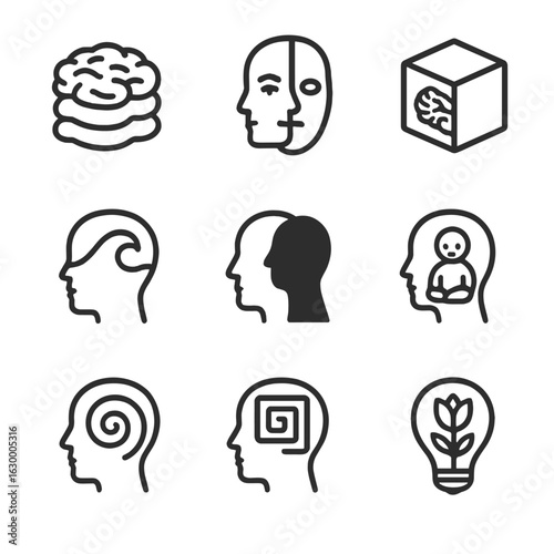 Subconscious Icon Set. Outline icon set of subconscious themes: layered brain, shifting mask, memory cube, emotional tide, dark
