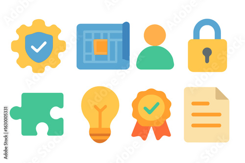 Privacy by Design Icons. Flat vector mini-illustrations privacy by design principles in colors children's illustrations: gear with