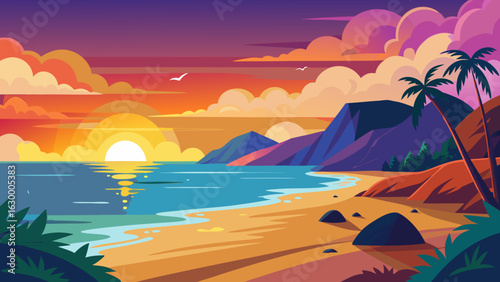 Vector art of vibrant tropical beach sunset with colorful clouds reflecting on the calm ocean, featuring palm tree silhouettes and distant mountains, creating a serene and picturesque paradise