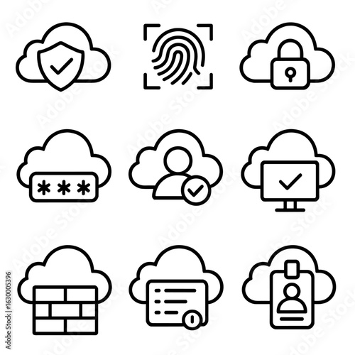 Cloud Security Icons. Outline icon set of cloud access control: cloud shield, biometric scan, password lock,