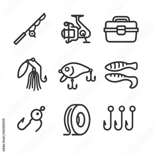 Bass Fishing Gear Icons. Outline icon set of bass fishing gear: fishing rod, reel, tackle box, spinnerbait, crankbait, soft