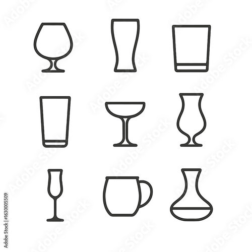 Barware Icon Set. Outline icon set of barware glasses: brandy snifter, pilsner glass, rocks glass, pint glass, coupe glass,