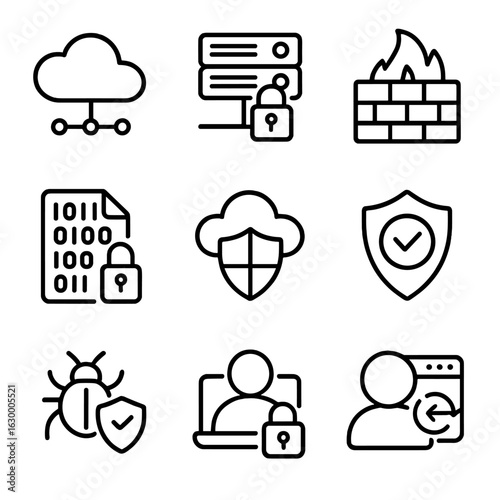 Cloud Security Icons. Outline icon set of cloud network security: cloud network, locked server, firewall, data