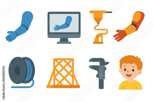 3D Prosthetic Design Icons. Flat vector mini-illustrations 3D printed prosthetic arm design in colors children's illustrations: 3D