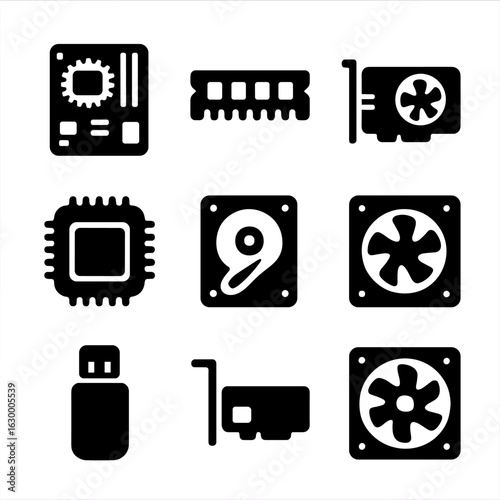 Hardware Icon Grid. Solid, filled icon set of hardware learning: motherboard, RAM chip, graphics card, CPU, hard drive, power