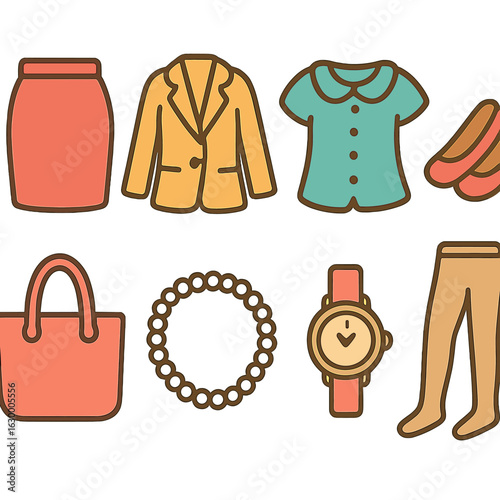 Professional Attire Icons. Flat vector mini-illustrations professional women’s attire in colors children's illustrations: pencil