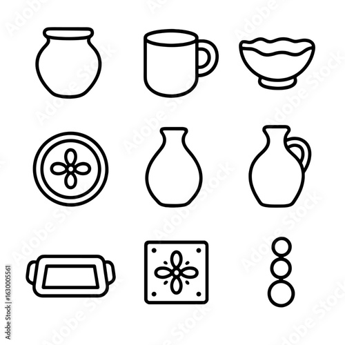 Handmade Ceramics Icons. Outline icon set of handmade ceramics: clay pot, earthenware mug, sculpted bowl, artisan plate,