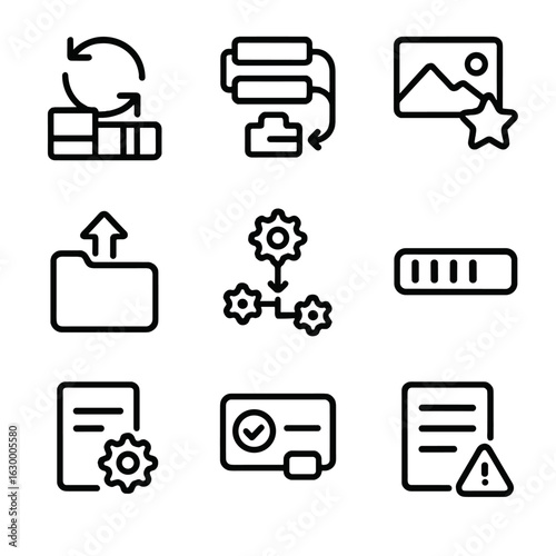 Batch Task Icons. Outline icon set of batch editing tasks: batch convert, bulk rename, apply preset, batch export, process queue,