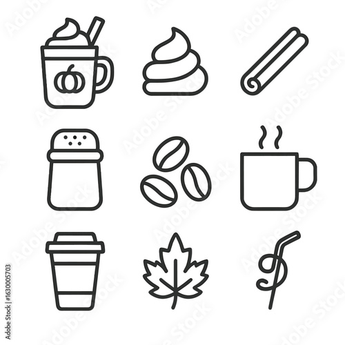 Pumpkin Spice Icon Set. Outline icon set of pumpkin spice beverages: pumpkin spice latte cup, whipped cream swirl, cinnamon stick
