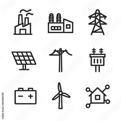 Energy Grid Icons. Outline icon set of energy grid nodes: power plant node, substation node, transmission node, distribution node,
