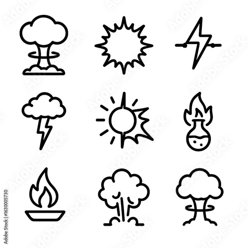 Energy Explosion Icons. Outline icon set of energy explosions: nuclear blast, plasma burst, electrical arc, lightning strike,