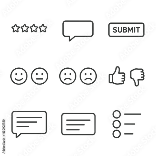 Survey Icons Grid. rating, comment box, submit button, emoji reaction, survey question, thumbs up/thumbs down toggle, text area,