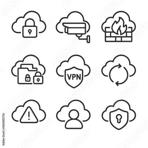 Cloud Security Icons. Outline icon set of cloud-based security solutions: cloud lock, security camera,