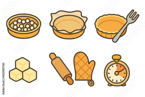 Quiche Baking Icons. Flat vector mini-illustrations savory quiche crust blind baking in colors children's illustrations: pie