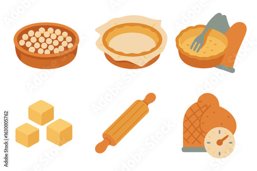 Quiche Baking Icons. Flat vector mini-illustrations savory quiche crust blind baking in colors children's illustrations: pie