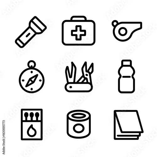 Survival Essentials Icons. Outline icon set of survival necessities: flashlight, first aid kit, whistle, compass, multi-tool,