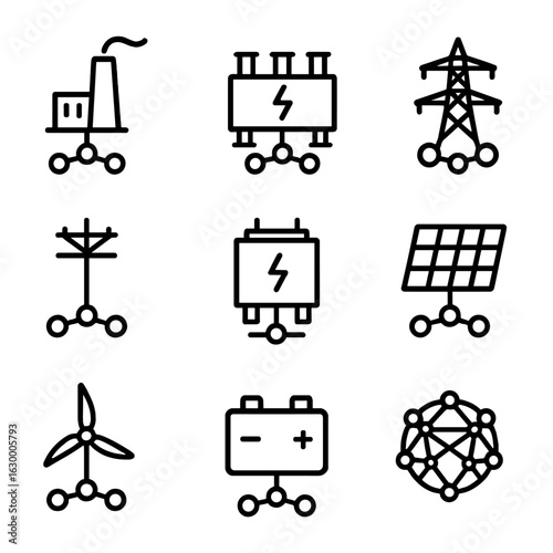 Energy Grid Icons. Outline icon set of energy grid nodes: power plant node, substation node, transmission node, distribution node,