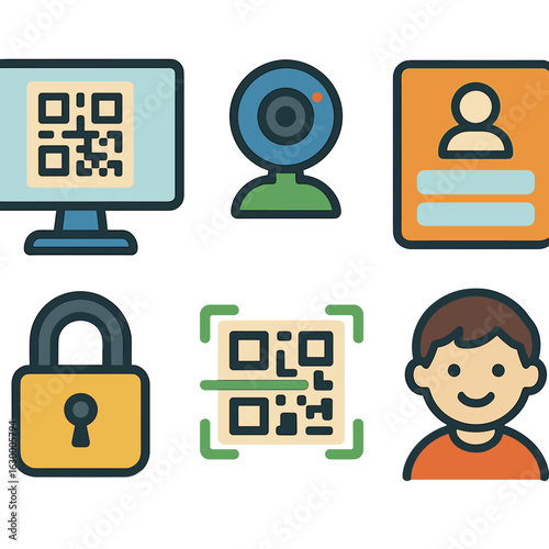 QR Code Login Fun. Flat vector mini-illustrations of QR code login scanning in progress in colors children’s illustrations: