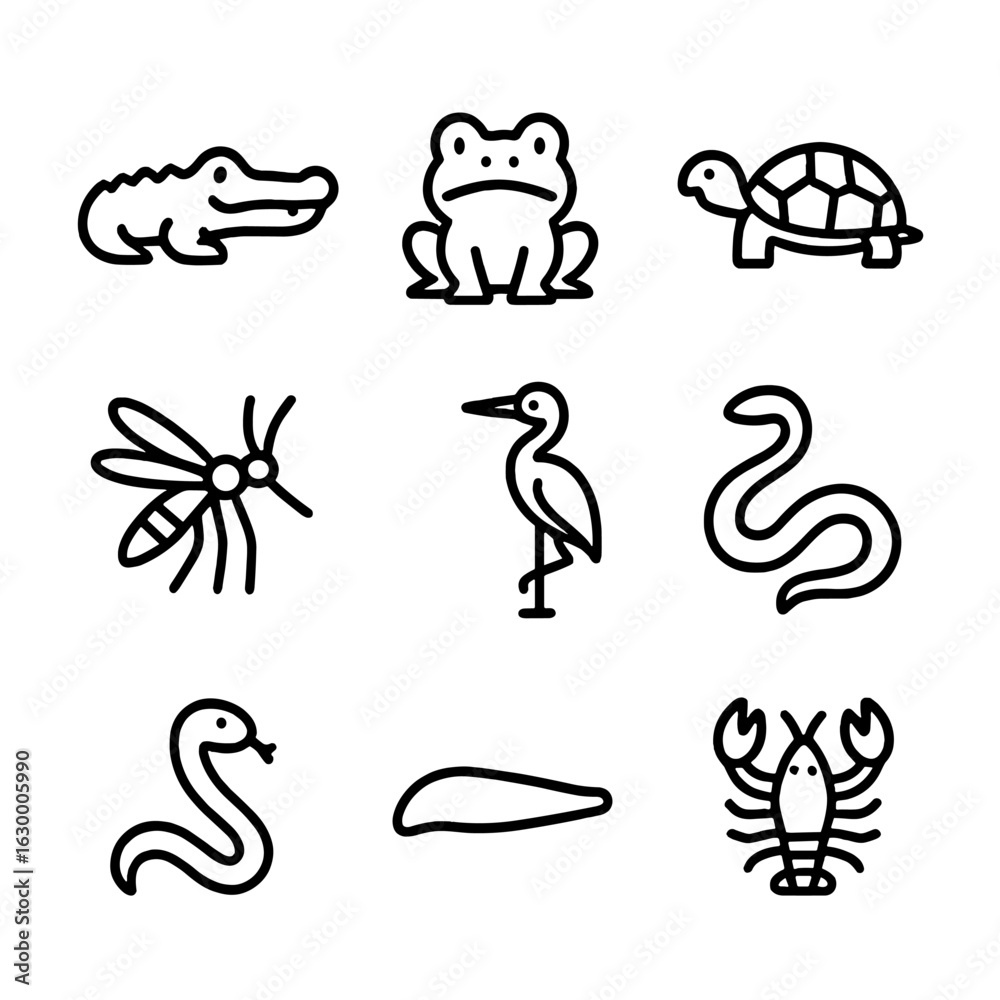 Naklejka premium Swamp Creatures Icons. Outline icon set of swamp creatures: alligator, frog, turtle, mosquito, heron, snake, leech, salamander,