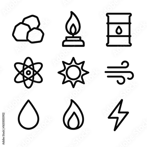Energy Source Icons. Outline icon set of energy sources: coal, natural gas, oil barrel, uranium atom, solar flare, wind gust,