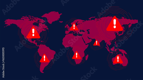 Global Warning. Alert Warning Attack on Screen World Map.Alert Sign On World Map