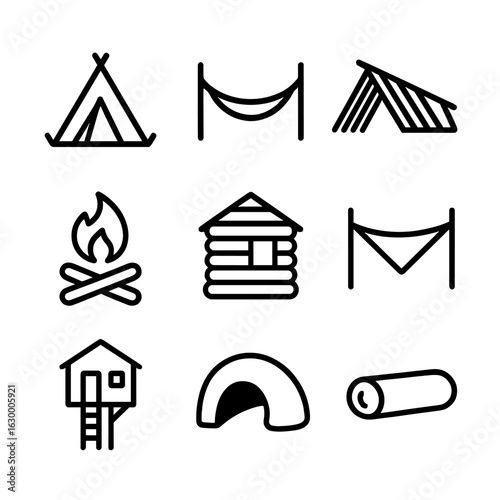 Survival Shelter Icons. Outline icon set of survival shelter: tent, hammock, lean-to, fire pit, log cabin, tarp, treehouse, cave,