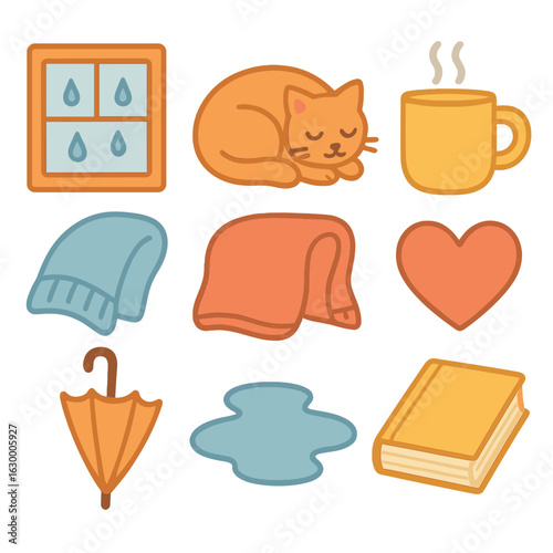 Rainy Day Comforts. Flat vector mini-illustrations rainy day pet cuddles in colors children's illustrations: raindrop window, cat