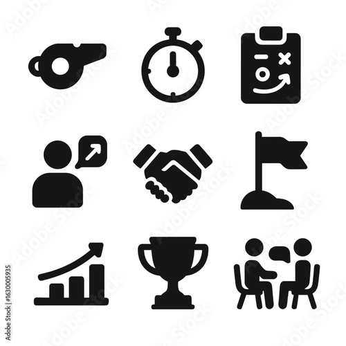 Coaching Icons Set. Solid, filled icons set of Coaching philosophy: whistle, stopwatch, clipboard,