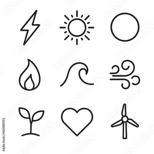 Energy Transformation Icons. Outline icon set of energy transformation: lightning bolt, solar flare, glowing orb, burning flame,
