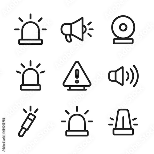 Beacon Alert Icons. Outline icon set of beacon alert types: flashing light, siren, alarm, SOS signal, blinking beacon, warning