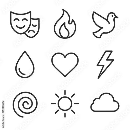 Symbolic Emotion Icons. Outline icon set of symbolic emotions: mask (theater), flame (anger), dove (peace), tear (sorrow), heart